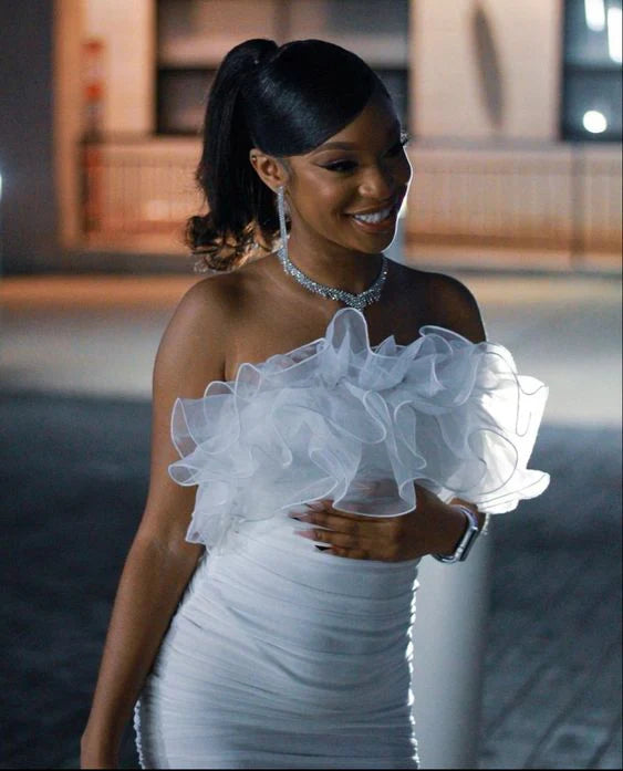 Robe de soirée courte blanche moulante sans bretelles, robe de soirée, robe d'anniversaire nv2103