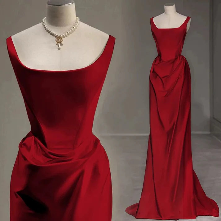 Robe de soirée sirène longue en satin rouge rétro à décolleté carré et longueur au sol nv3618