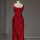 Robe de soirée sirène longue en satin rouge rétro à décolleté carré et longueur au sol nv3618