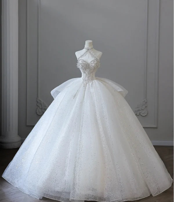 Robe de mariée élégante blanche à bretelles spaghetti et perles, longue en tulle, robe de bal nv5318