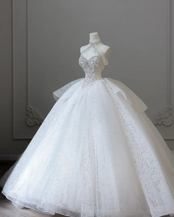 Robe de mariée élégante blanche à bretelles spaghetti et perles, longue en tulle, robe de bal nv5318