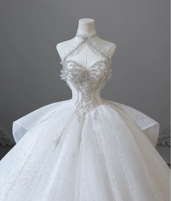 Robe de mariée élégante blanche à bretelles spaghetti et perles, longue en tulle, robe de bal nv5318