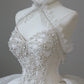 Robe de mariée élégante blanche à bretelles spaghetti et perles, longue en tulle, robe de bal nv5318
