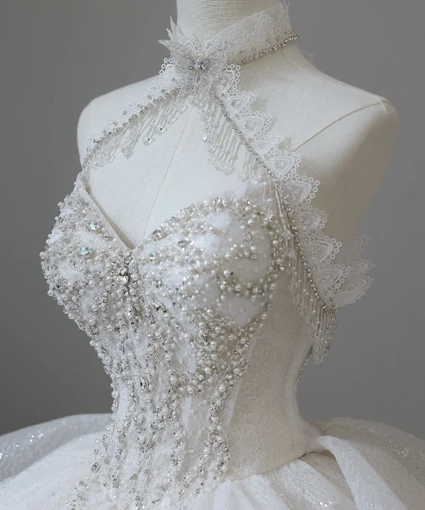 Robe de mariée élégante blanche à bretelles spaghetti et perles, longue en tulle, robe de bal nv5318