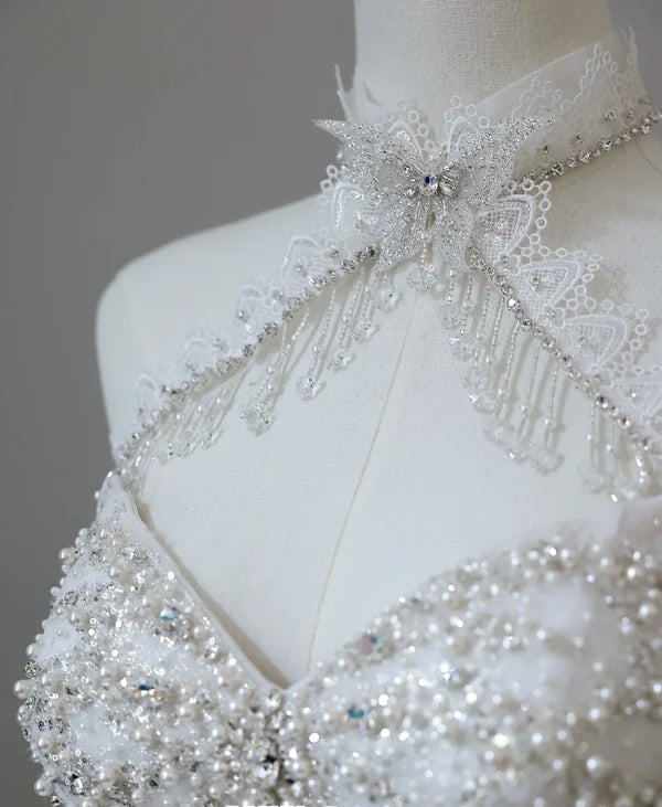 Robe de mariée élégante blanche à bretelles spaghetti et perles, longue en tulle, robe de bal nv5318
