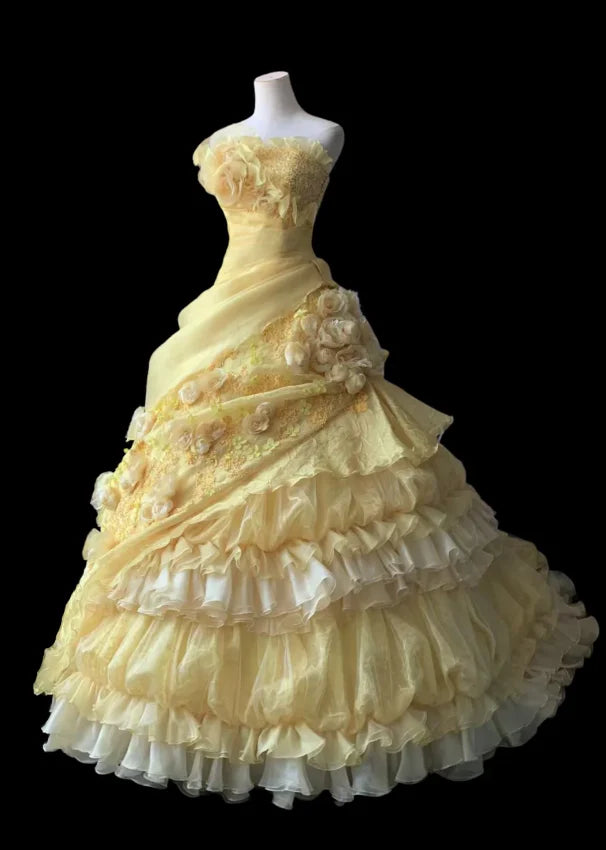 NiceVestidos - Robe longue plissée à plusieurs couches, style rétro floral jaune, faite à la main, robe de mariée, robe de bal, NV5794