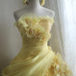 NiceVestidos - Robe longue plissée à plusieurs couches, style rétro floral jaune, faite à la main, robe de mariée, robe de bal, NV5794