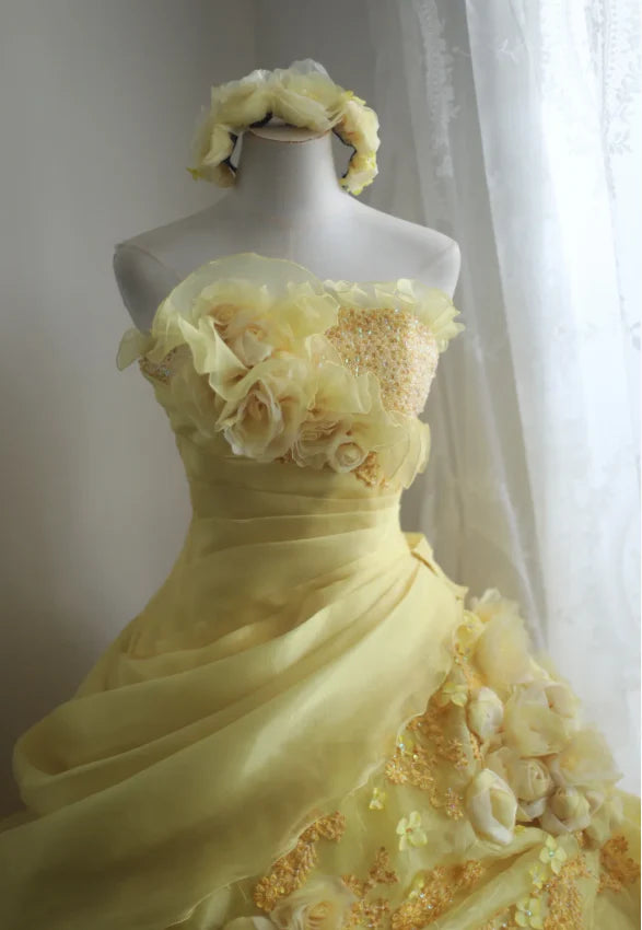 NiceVestidos - Robe longue plissée à plusieurs couches, style rétro floral jaune, faite à la main, robe de mariée, robe de bal, NV5794