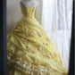 NiceVestidos - Robe longue plissée à plusieurs couches, style rétro floral jaune, faite à la main, robe de mariée, robe de bal, NV5794