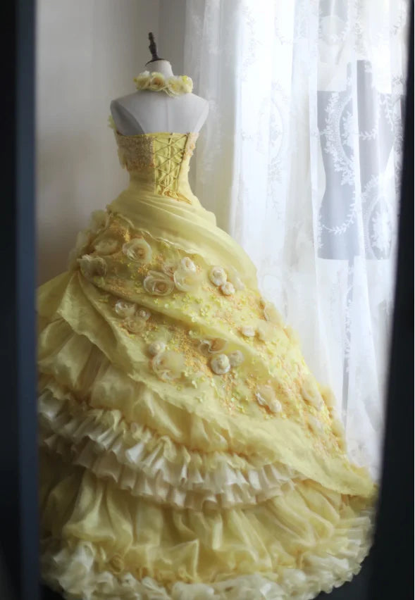 NiceVestidos - Robe longue plissée à plusieurs couches, style rétro floral jaune, faite à la main, robe de mariée, robe de bal, NV5794