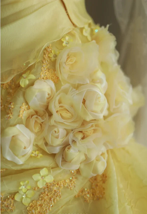 NiceVestidos - Robe longue plissée à plusieurs couches, style rétro floral jaune, faite à la main, robe de mariée, robe de bal, NV5794