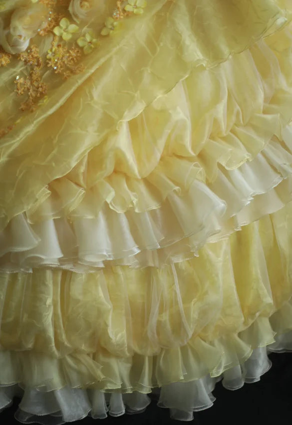 NiceVestidos - Robe longue plissée à plusieurs couches, style rétro floral jaune, faite à la main, robe de mariée, robe de bal, NV5794