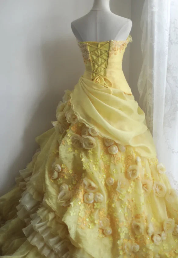 NiceVestidos - Robe longue plissée à plusieurs couches, style rétro floral jaune, faite à la main, robe de mariée, robe de bal, NV5794
