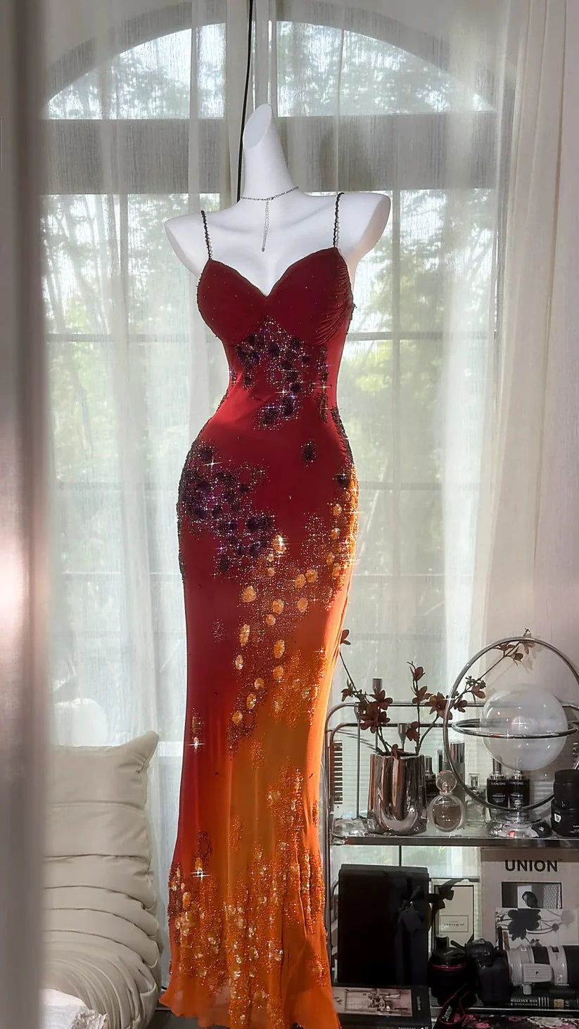 Rot orange Perlen glänzend Chiffon Neckholder elegante Meerjungfrau Perlen lange Abendkleid Ballkleid Partykleid nv5107