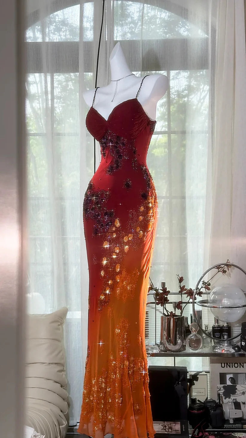 Rot orange Perlen glänzend Chiffon Neckholder elegante Meerjungfrau Perlen lange Abendkleid Ballkleid Partykleid nv5107