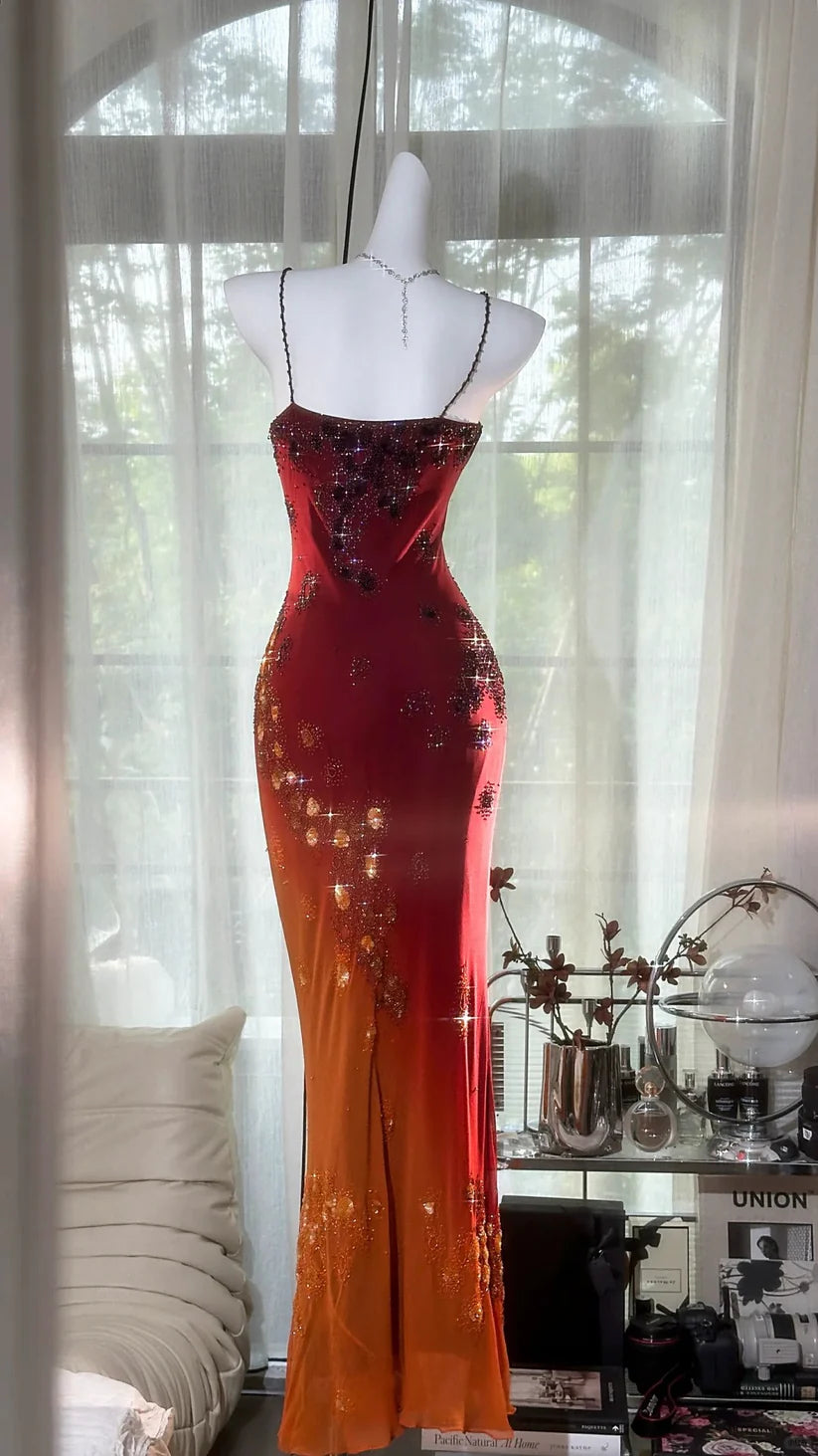 Rot orange Perlen glänzend Chiffon Neckholder elegante Meerjungfrau Perlen lange Abendkleid Ballkleid Partykleid nv5107