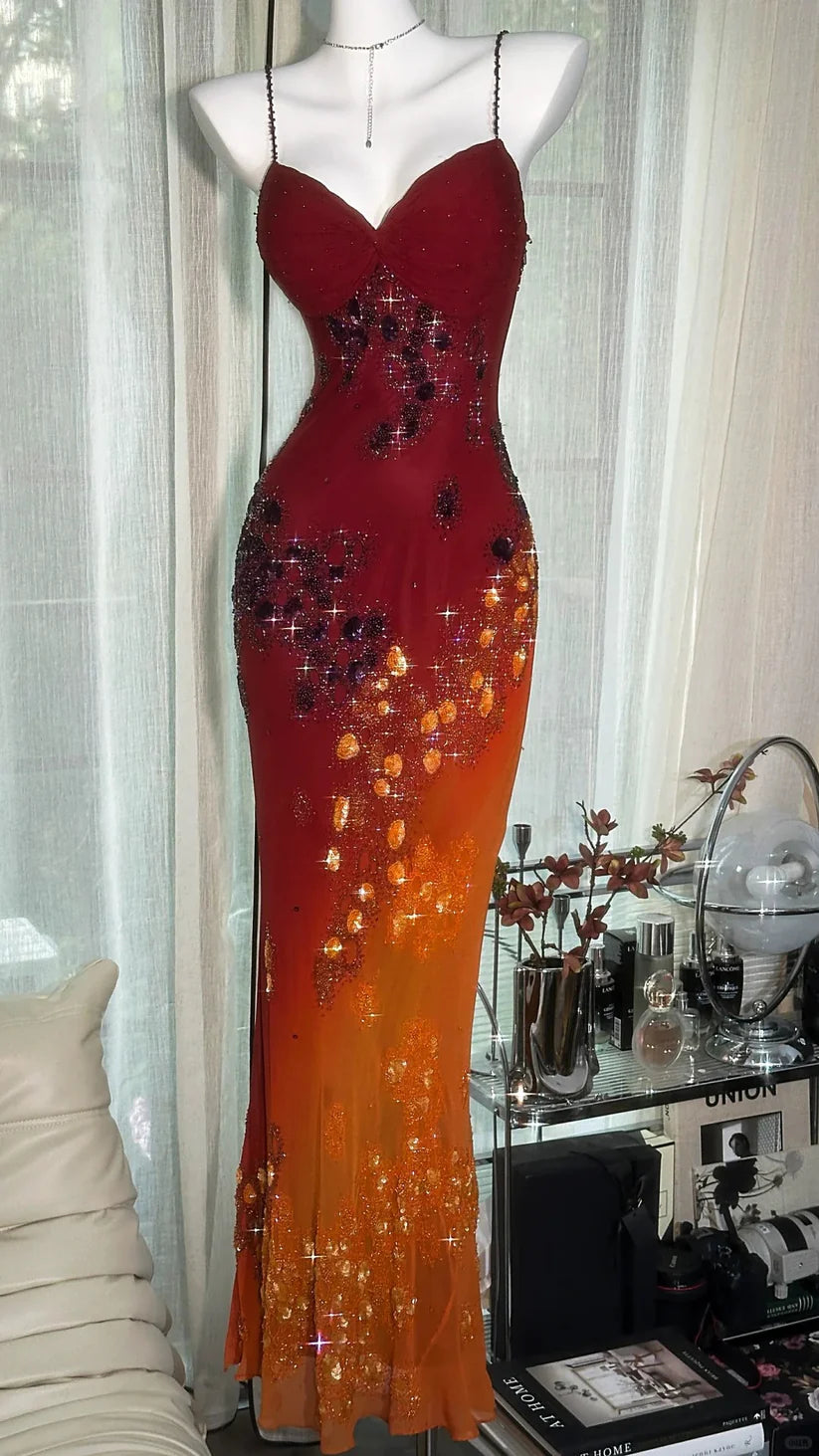 Rot orange Perlen glänzend Chiffon Neckholder elegante Meerjungfrau Perlen lange Abendkleid Ballkleid Partykleid nv5107
