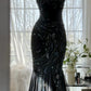 Black gorgeous retro elegant exquisite beaded chiffon spaghetti strap prom dress nv5409