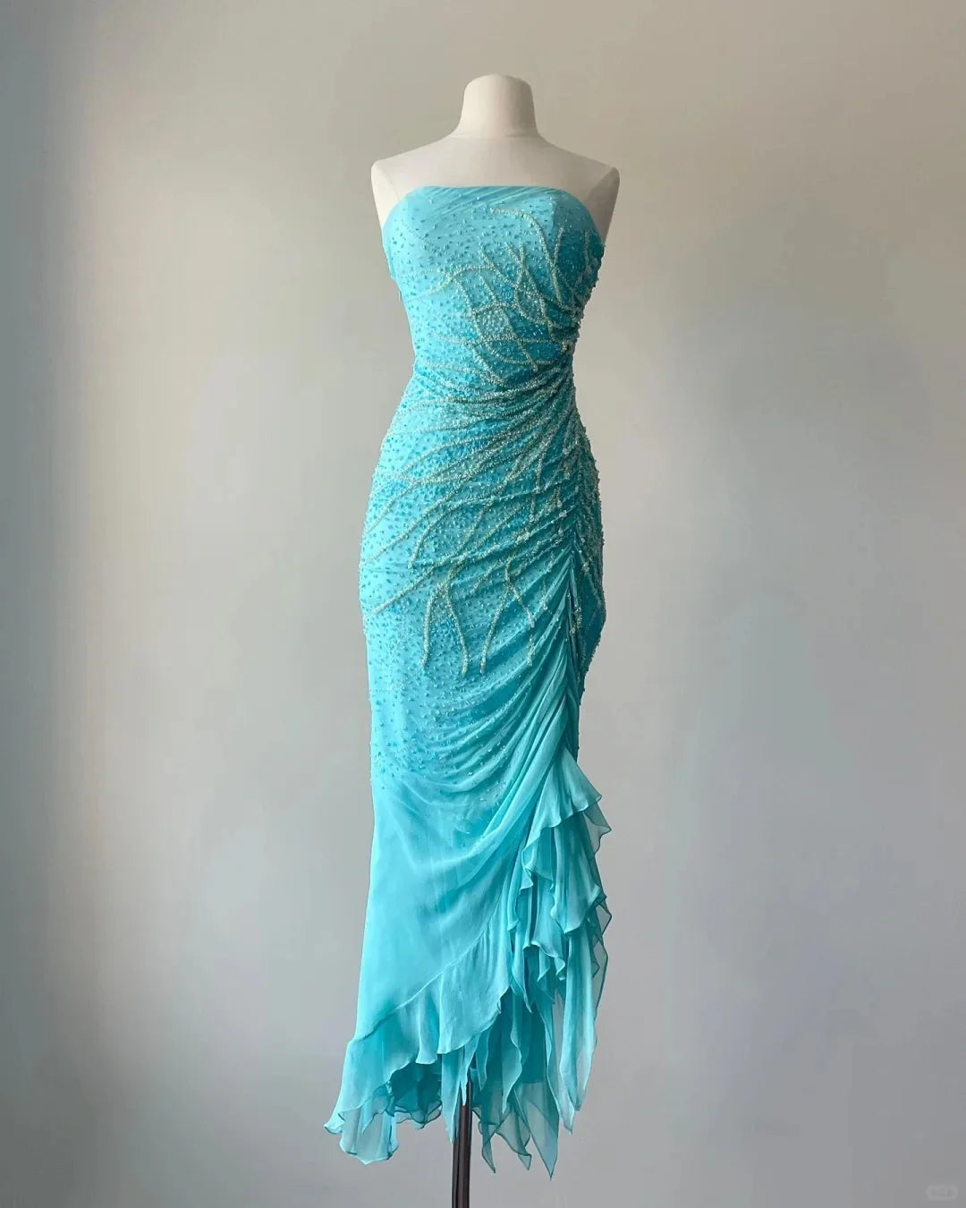 Blaues exquisites Perlenkleid, elegantes schulterfreies Meerjungfrauen-Kleid, schlankes langes Chiffon-Ballkleid, Abendkleid, Partykleid, NV4757