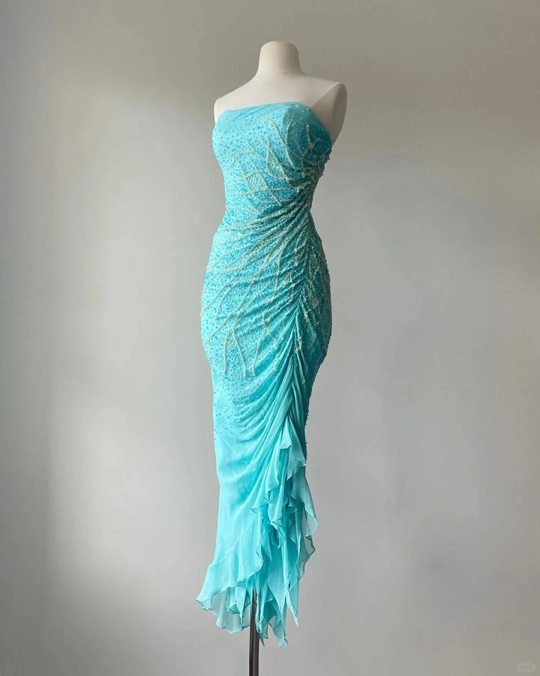 Blaues exquisites Perlenkleid, elegantes schulterfreies Meerjungfrauen-Kleid, schlankes langes Chiffon-Ballkleid, Abendkleid, Partykleid, NV4757