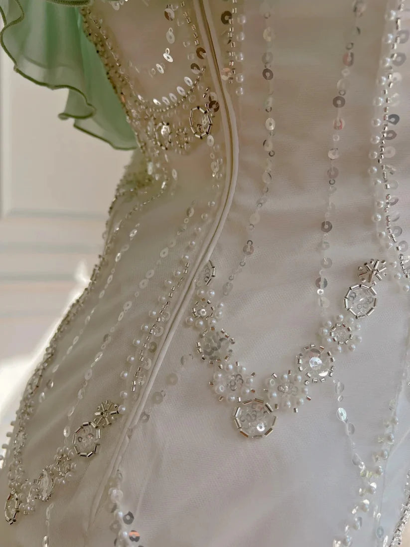 Wunderschönes Chiffon-Ballkleid im Meerjungfrau-Stil mit Spaghettiträgern und Perlen nv5391