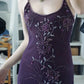 NiceVestidos – Ballkleid im Highlight-Stil, dunkelviolett, mit Perlenstickerei, Spaghettiträgern und extralang, NV5799
