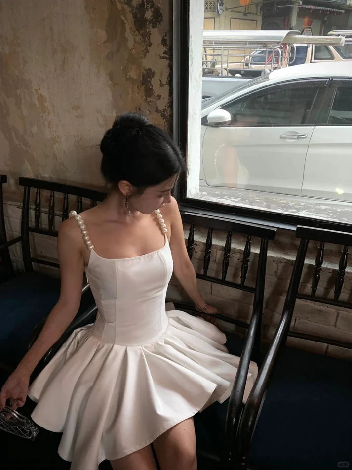 Robe de soirée courte élégante en satin blanc avec perles, robe de bal, robe de soirée, nv4807