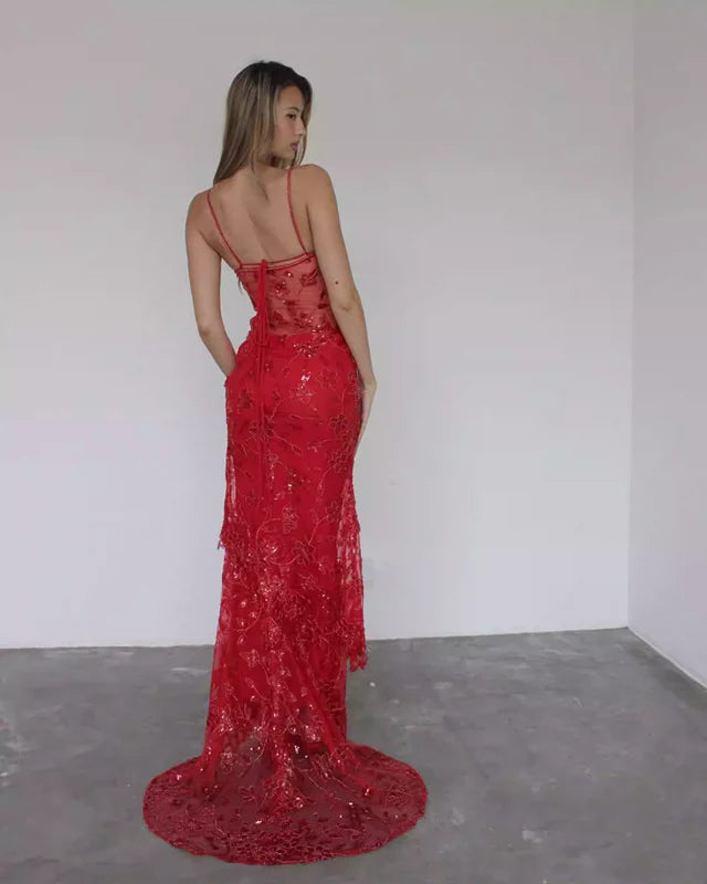 Red fashion sexy elegant lace spaghetti strap long birthday party dress prom dress evening dress nv1355