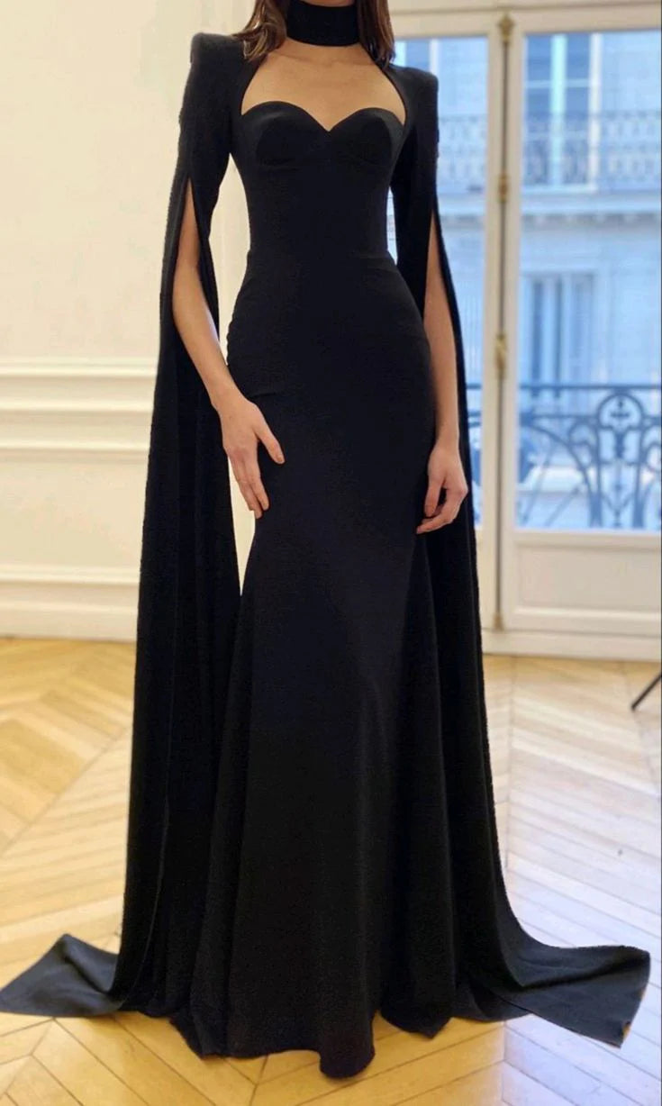 Robe de soirée noire style sirène vintage avec cape nv1946