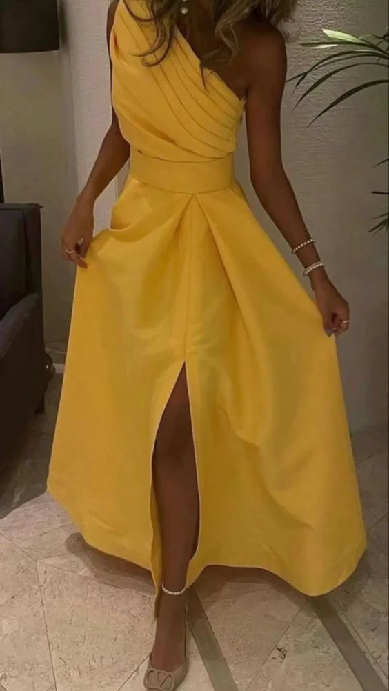 Yellow A-line Simple Elegant Impressive Sleeveless One Shoulder Ruffled Long Slit Ball Gown Evening Gown Party Dress nv2554