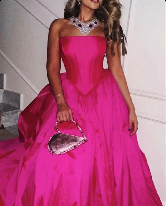 Hot Pink Einfaches Elegantes A-Linie Schulterfreies Langes Satin Ballkleid Abendkleid nv2216