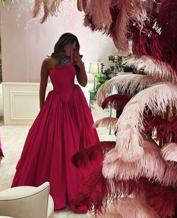 Hot Pink Einfaches Elegantes A-Linie Schulterfreies Langes Satin Ballkleid Abendkleid nv2216