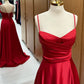 Robe de soirée en satin rouge à bretelles spaghetti et à lacets, coupe trapèze, nv1559