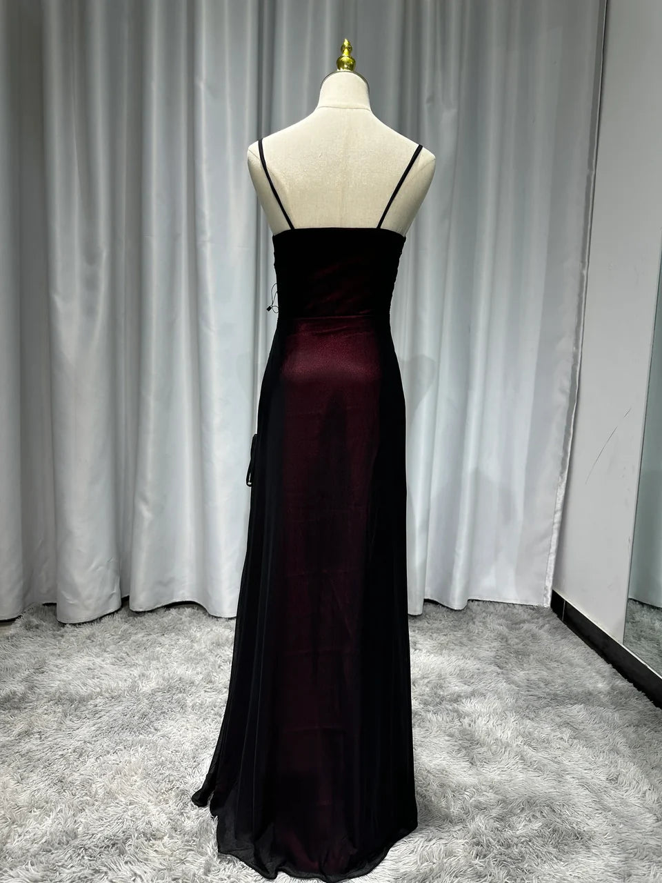 Robe de soirée élégante et moulante à bretelles spaghetti, style vintage bordeaux, longue, en tulle et satin, tenue de bal, robe de soirée, robe de bal, nv3929