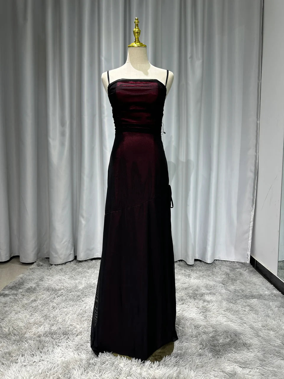 Robe de soirée élégante et moulante à bretelles spaghetti, style vintage bordeaux, longue, en tulle et satin, tenue de bal, robe de soirée, robe de bal, nv3929