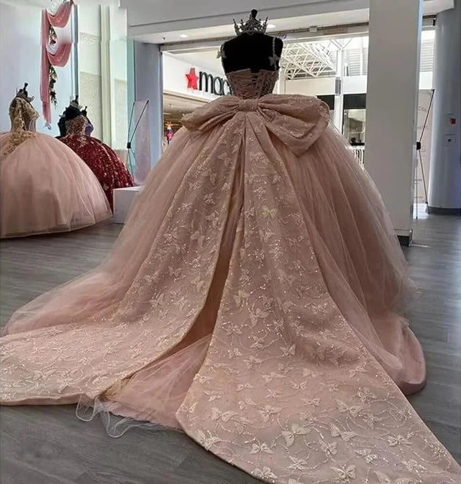 robe de soirée en tulle rose papillon perlée robe de bal nv2685