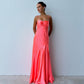 Pfirsichrosa Schlichtes, modisches, elegantes Spaghettiträger-A-Linien-Lang-Satin-Abschlussballkleid für Damen, Abendkleid, Hochzeitsgast-Partykleid, Ballkleid mit Seitenschlitzen, nv3928