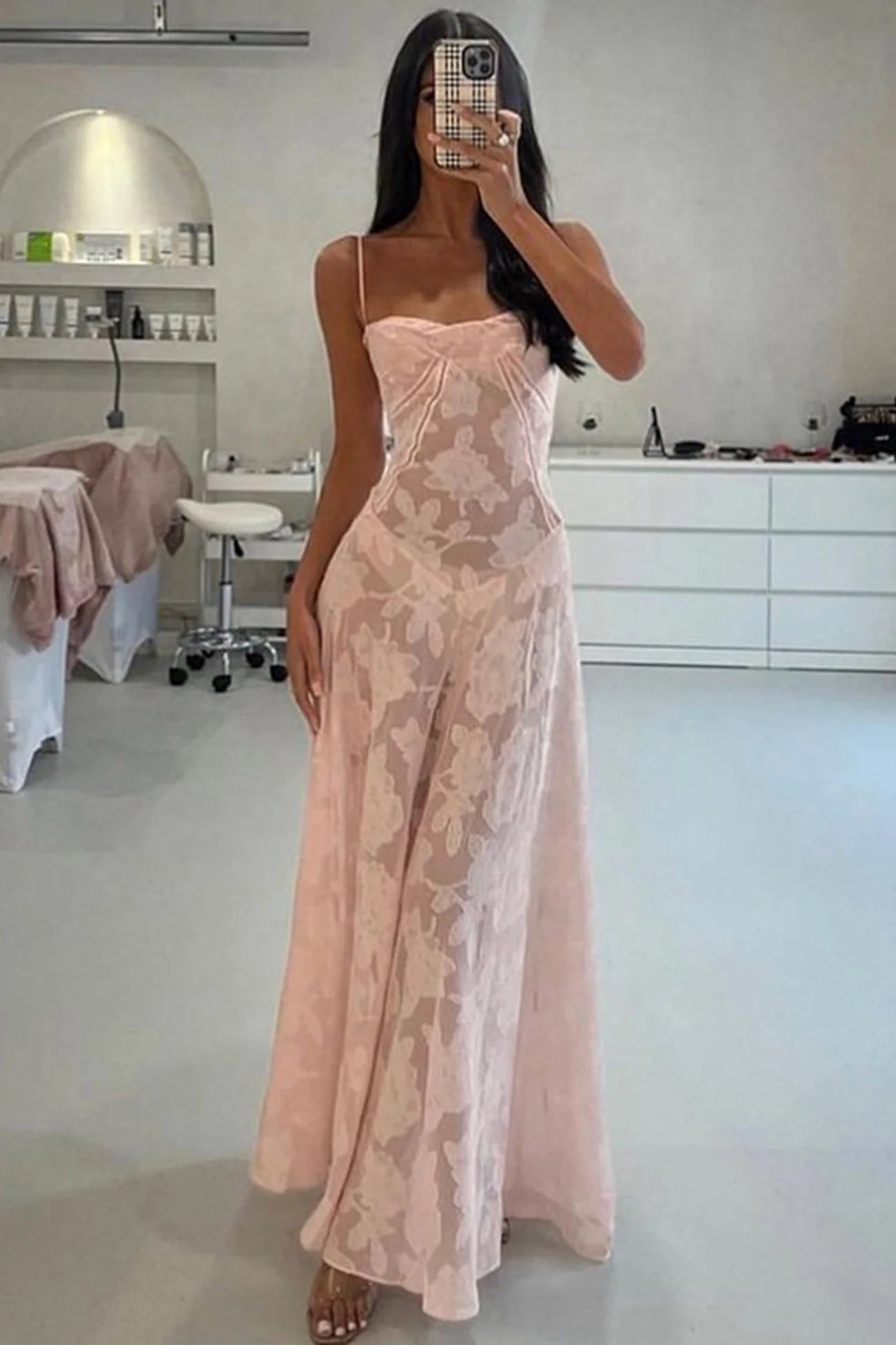 Robe de soirée élégante à bretelles spaghetti et sirène sans manches en dentelle rose nv1790