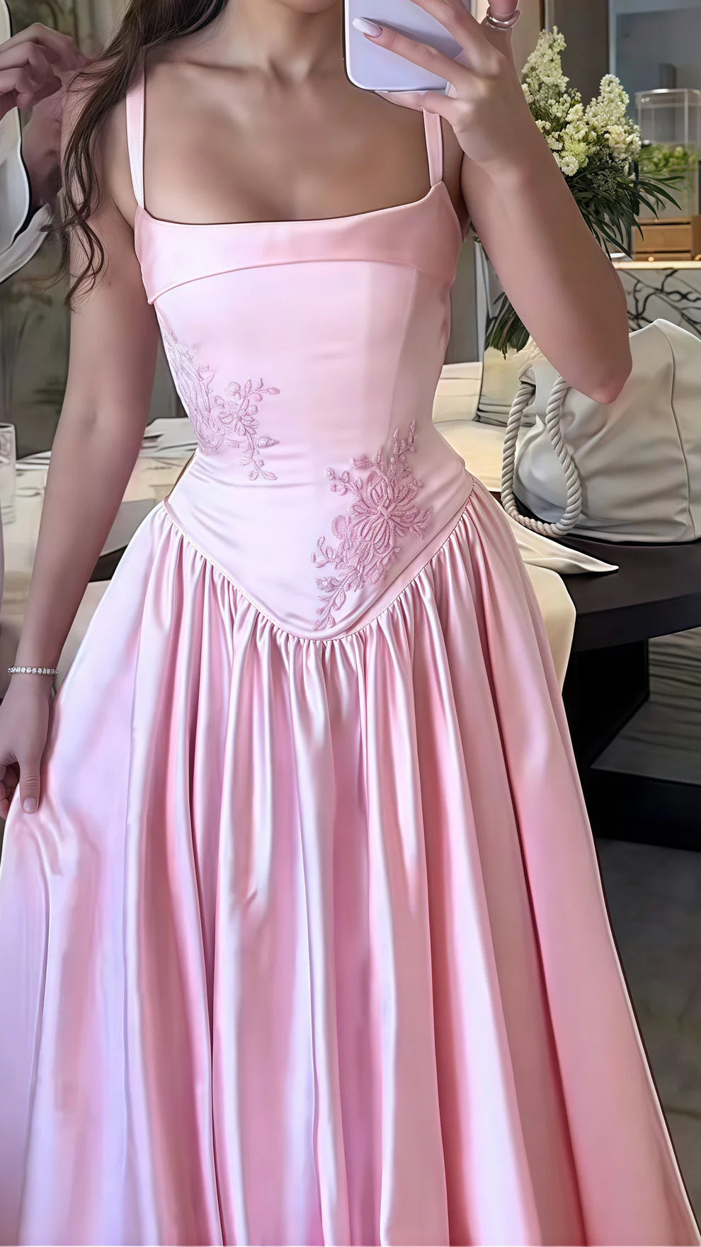 Robe de soirée longue en satin rose, élégante et charmante, avec des appliques exquises, robe de bal de fin d'année, robe de soirée, robe de bal nv3999