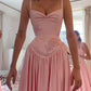 Rosa Elegante Mode Applikation Abendkleid A-Linie Riemen Langes Satin Ballkleid Abendkleid Hochzeitspartykleid Brautjungfernkleid nv3773