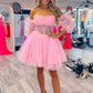 Prinzessin trägerloses kurzes rosa Ballkleid mit Ärmeln, rosa kurze Homecoming-Kleider, rosa formelle Abendkleider nv1472
