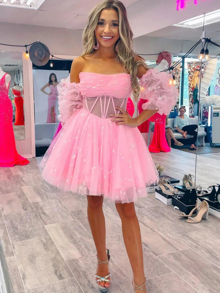 Prinzessin trägerloses kurzes rosa Ballkleid mit Ärmeln, rosa kurze Homecoming-Kleider, rosa formelle Abendkleider nv1472