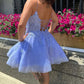 Prinzessin V-Ausschnitt Offener Rücken Hellblaue Spitze Ballkleider, Hellblaue Spitze Homecoming Kleider, Kurze Blaue Formale Abendkleider nv1473