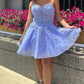 Prinzessin V-Ausschnitt Offener Rücken Hellblaue Spitze Ballkleider, Hellblaue Spitze Homecoming Kleider, Kurze Blaue Formale Abendkleider nv1473