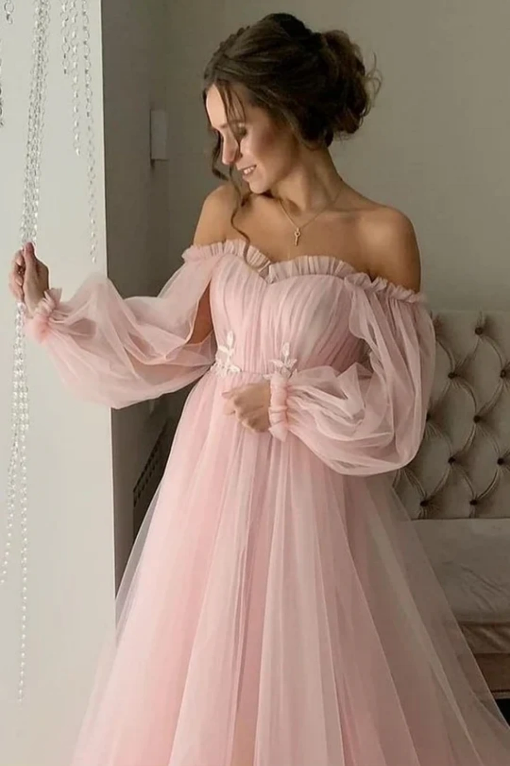 Pink Applique Ruffles Floor Length Long Sleeve A-Line Off Shoulder Long Tulle Elegant Ball Gown Evening Dress nv3217