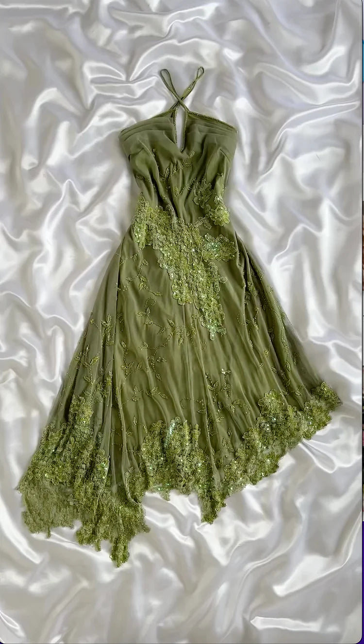 NiceVestidos - Robe de soirée courte en mousseline de soie à fleurs vertes nv5571