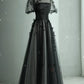 Black Elegant Tulle Puffy Short Sleeve A-Line Long Ball Gown Evening Dress Party Dress nv2479