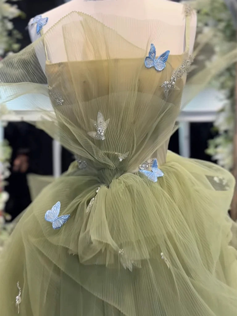 Langes Ballkleid aus grünem Tüll in A-Linie, langes Abschlusskleid in Grün nv1470
