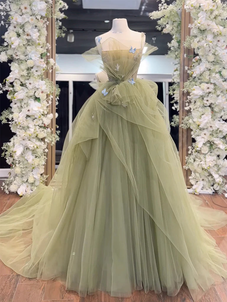 Langes Ballkleid aus grünem Tüll in A-Linie, langes Abschlusskleid in Grün nv1470