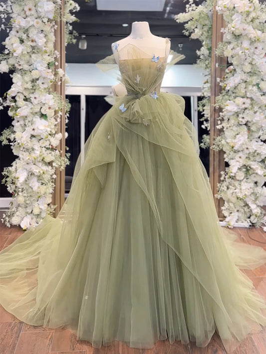 Langes Ballkleid aus grünem Tüll in A-Linie, langes Abschlusskleid in Grün nv1470